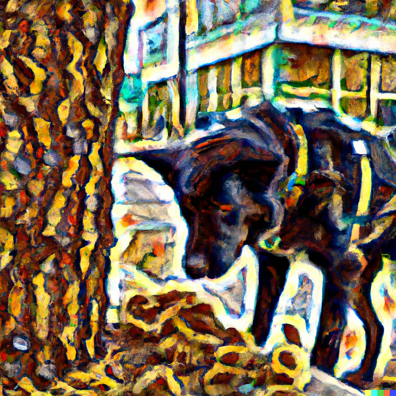 DALL·E 2023–02–13 10.31.41 — digital art in the style of google deepdreams of a dog-tree canine unit including a police officer hunting for food in a prehistoric urban neighborho.png as generated on DALL·E.