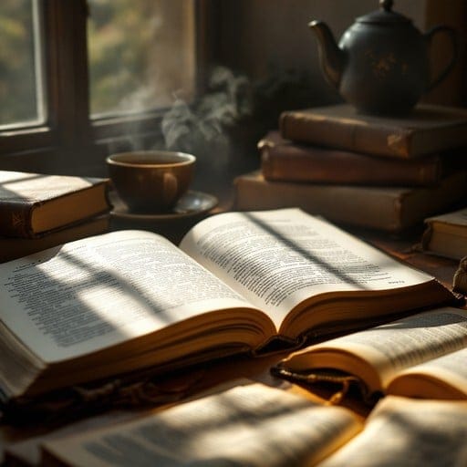 Kettle, coffee, and a book near a sunny window.